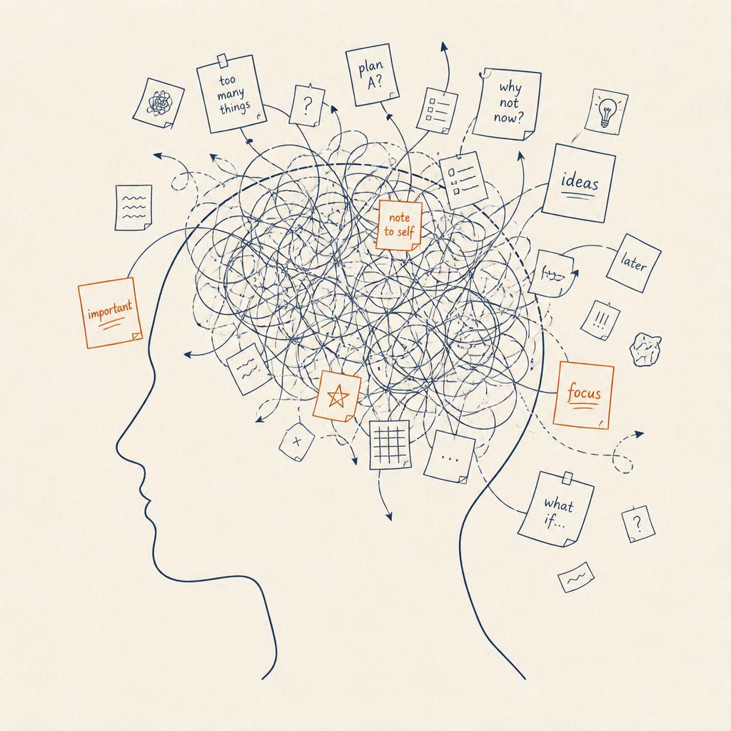 Illustration d'un cerveau submergé par les notes et pensées